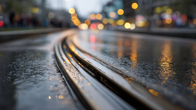 Wet urban tram tracks reflecting city lights and blurred colorful bokeh on a rainy evening street with shallow depth of field perspective and moody atmosphere