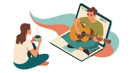Fototapeta premium Long Distance Digital Love Couple Video Call Illustration for Valentines Day, Modern Long-Distance Romance and Virtual Valentine’s Connection.