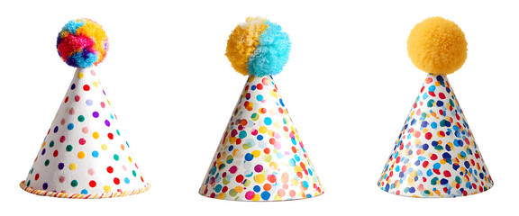 Three colorful party hats with pom poms isolated on a white or transparent background