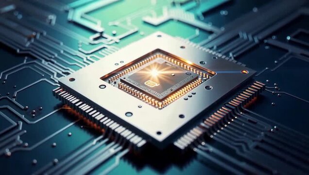 Futuristic microchip processor glowing with energy on a complex circuit board with intricate pathways