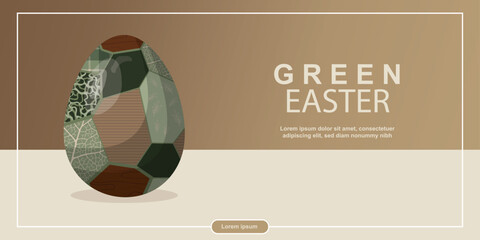 Patchwork Easter egg in earthy green and brown tones. Perfect for eco-friendly holiday greetings, banners, or seasonal designs. Green easter holidays. Flat design. Eco easter. Vector illustration