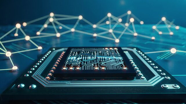 Futuristic glowing circuit board with interconnected nodes and data flow visualization representing