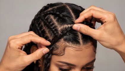 Naklejka premium Captivating Close-Up of a Woman's Cornrow Hairstyle Being Created: A Perfect Image for Hair Care, Beauty, and Hairstyling Tutorials and Advertisements. (185)