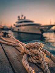 Fototapeta premium Thick nautical rope secured with a large knot on wooden dock with luxury yachts blurred in the background under warm sunset lighting at the marina