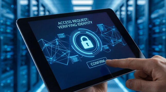 User confirming secure access request on digital tablet, cybersecurity authentication approval, encrypted login verification, and protected system access concept