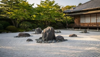 Serene Zen Garden at Ryoan-ji Temple: Tranquility and Reflection in Japan. Traditional Japanese garden with white gravel, rocks, and temple building. A sanctuary