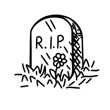 Minimal hand drawn illustration of a tombstone surrounded by grass and a daisy flower. Black and white sketch style vector artwork representing memory, loss, ending, farewell and remembrance. 