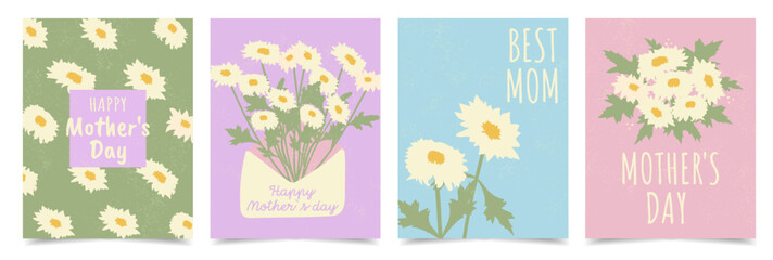 Hand drawn set of cutest posters or cards for Mother's day with Flowers, bouquet and Texture. Handwritten Vector Floral vertical templates for Mother's day