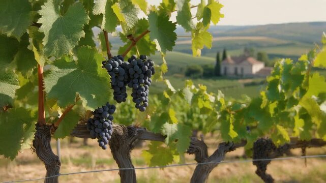 Beautiful Vineyard Scenery: Ripe Grapes, Lush Green Leaves and Distant Farmhouse