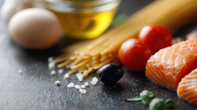 Balanced Mediterranean flexitarian diet ingredients, healthy food background