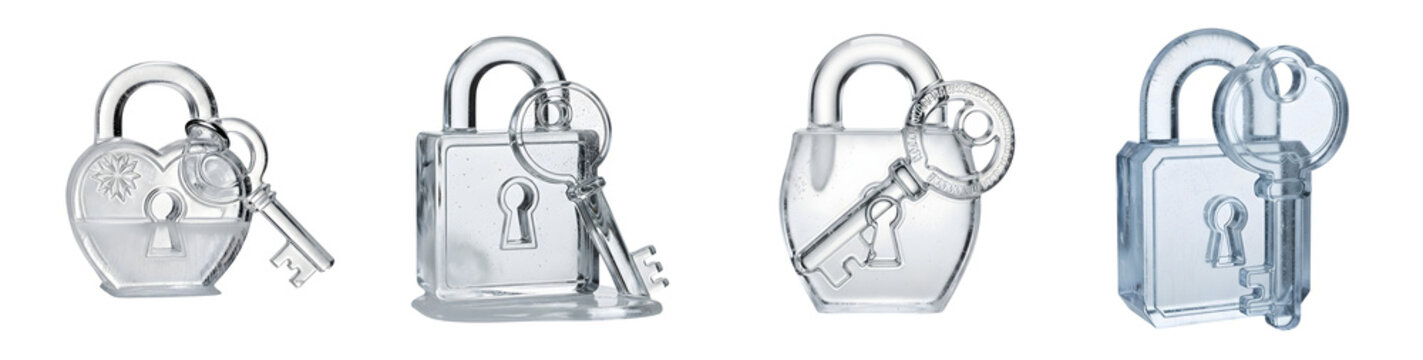 Assortment of clear decorative padlocks and keys with a transparent background