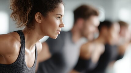 group of sportive people exercising together in fitness club gym, active lifestyle concept