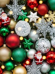 Festive Christmas ornament display with assorted baubles and figurines