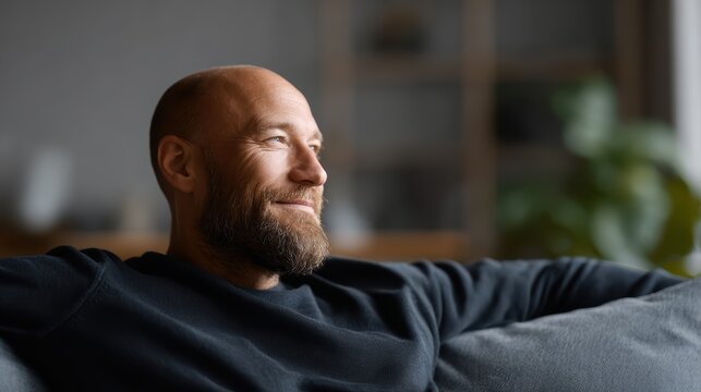 Happy bald man with beard sitting comfortably on sofa in living room, content expression, quiet relaxation and self-care at home