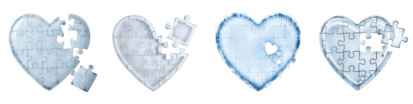 Collection of frozen heart jigsaw puzzles with missing pieces on transparent background