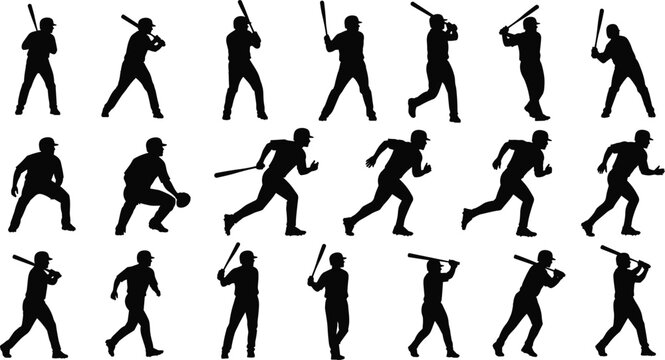 Black Silhouette Set of Professional Baseball Players Including Batting Stance Running and Pitching Poses Isolated on White Background for Sports Graphic Design Elements Vector