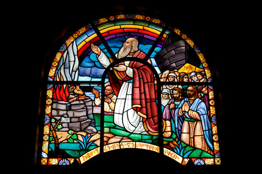Stained Glass Window of Noah&rsquo;s Sacrifice and the Rainbow Covenant