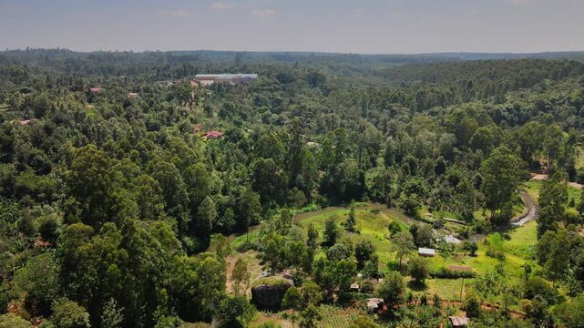 Aerial view of rural village and forest in kenya
