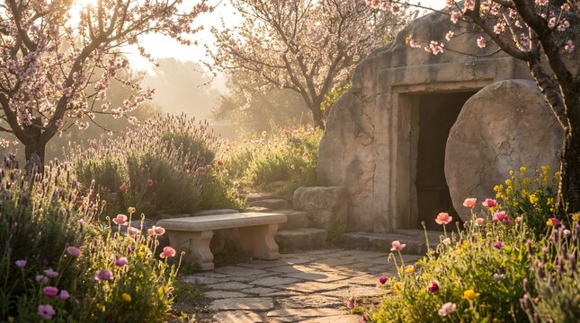 Peaceful Garden Tomb Scene with Blooming Flowers and Open Grave at Sunrise AI Generated