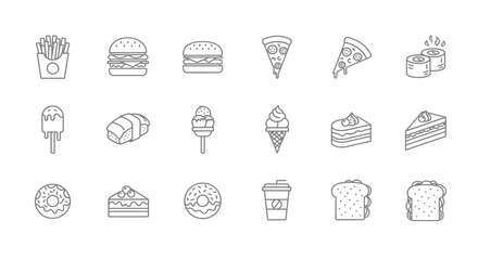 A collection of various fast food items and sweet desserts displayed in simple line art style