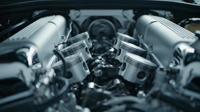 Close-up of a V12 engine's internal moving parts with a rack focus transition