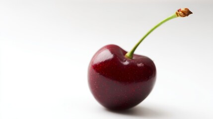 A close-up shot of a mature cherry on a white background, with a bright red color tone. Directional light is used to highlight the texture effect. The aperture value is 18, resulting in a shallow dept