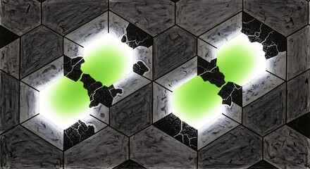 Fractured Hexagonal Tile with Bioluminescent Glow abstract background