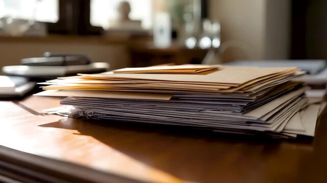 Stack of Old Documents Papers Envelopes on Wooden Desk in Warm Home Office Lighting Cluttered Workspace