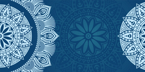 Horizontal color vector mandala banner. Decorative flower mandala on turquoise background. Luxury mandala color vector background. Arabic, islamic east style. Vector color illustration.