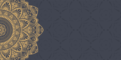 Horizontal golden mandala banner. Decorative golden color flower mandala background with place for text. Color abstract graphics. Arabic or islamic east style. Vector color illustration.