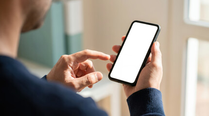 Close up of a man's hands holding and interacting with a smartphone focusing on the screen display mobile phone finger touch screen technology digital communication