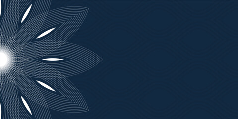 Horizontal color banner with outline flower. Spirograph abstract vector element. Vector color illustration. White vector linear flower isolated on blue background.