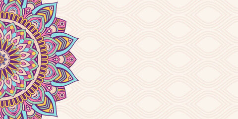 Horizontal color vector mandala banner. Decorative flower mandala background with place for text. Colorful abstract graphics. Arabic, islamic east style. Vector color illustration.
