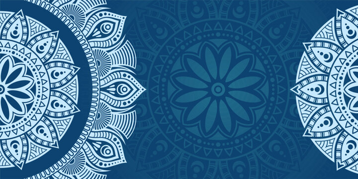 Horizontal color vector mandala banner. Decorative flower mandala on turquoise background. Luxury mandala color vector background. Arabic, islamic east style. Vector color illustration.