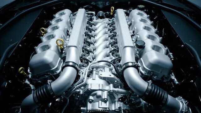 Pristine V12 Engine Assembly in Showroom Lighting, Centered Overhead View