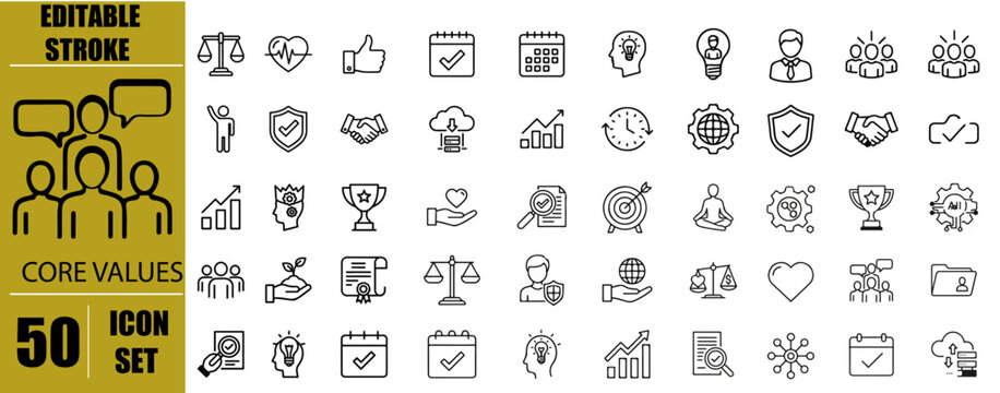 Core Values Outline Icon Set &ndash; Editable Stroke Line Icons for Innovation, Goals, Responsibility, Reliability, Integrity, Commitment, Quality, Teamwork, Inclusion and Corporate Ethics Symbols Vector Il