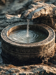 Fototapeta premium Antique stone water basin with intricate carvings gently filled by a natural rock spout creating soothing ripples in a tranquil outdoor setting