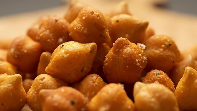 Close-up photo of a pile of small, golden-brown crackers, seasoned with herbs and salt, perfect for snacking