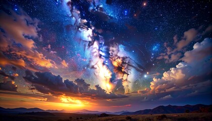 Obraz premium Epic Fantasy Warrior Battle Under Cosmic Starry Sky with Fiery Explosions and Magic