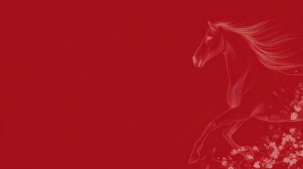 Fototapeta premium Elegant red New Year banner, linear art depiction of a horse, celebrating the Year of the Horse