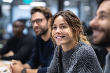 Fototapeta premium Smiling diverse business team collaboration in modern office meeting, success and teamwork