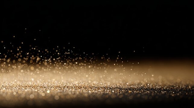 Scattered golden dust and sand on black background, glittering sequins, sparkling effect, elegant wallpaper or banner design