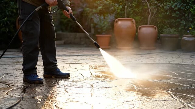 boot and hose on wet patio during pressure washer operation. spray of water cleans stone and pavement. cleaning process removes dirt from patio surface. jet foams tile grout. hose connector beside