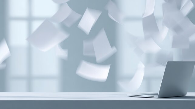 Dynamic office scene showing paperwork flying off a desk near a laptop, symbolizing busy and chaotic work life