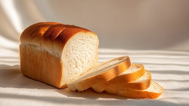 Freshly baked white bread loaf with sliced pieces on fabric background