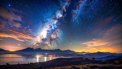 Starry Night Sky Aurora Over Mountain Lake Reflection Cosmic Landscape