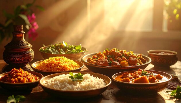 Delicious Festive Meal of Bangladeshi Ramadan Food and Traditional Curries for Breaking the Fast at Sunset