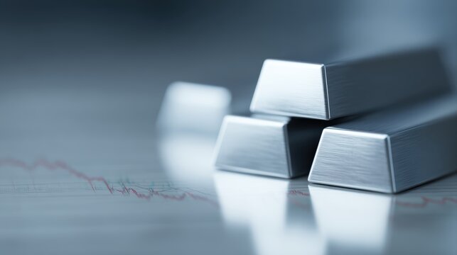 Shiny silver bars with overlaid rising stock market trends, financial growth and investment concept