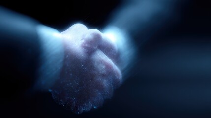 Obraz premium AI-human partnership visualization: digital handshake, holographic effects, futuristic corporate technology concept