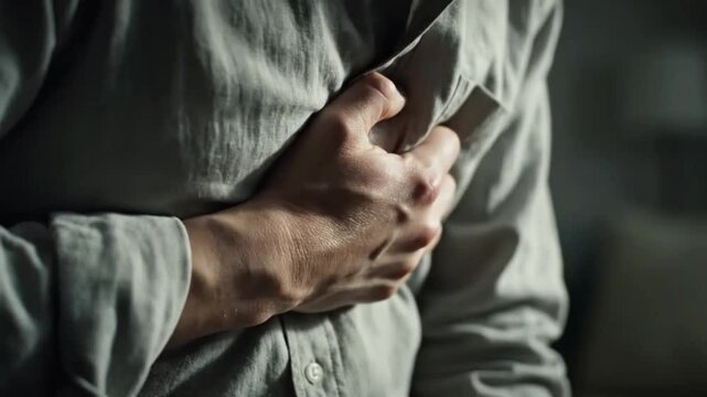 ​Man clutching chest in pain having a heart attack medical emergency